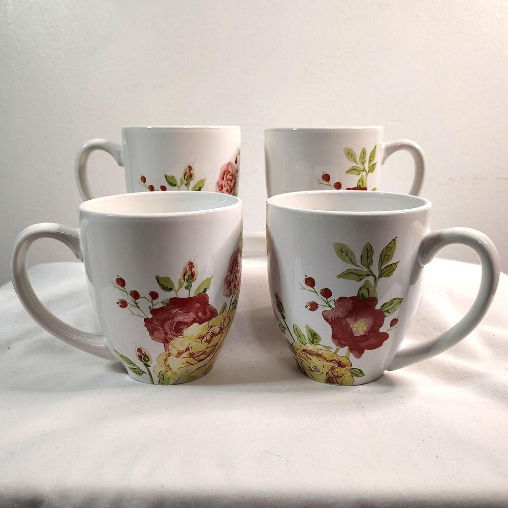 CORELLE Emma Jane Boutique Mugs (4) Set White Floral Print 13 oz Stoneware